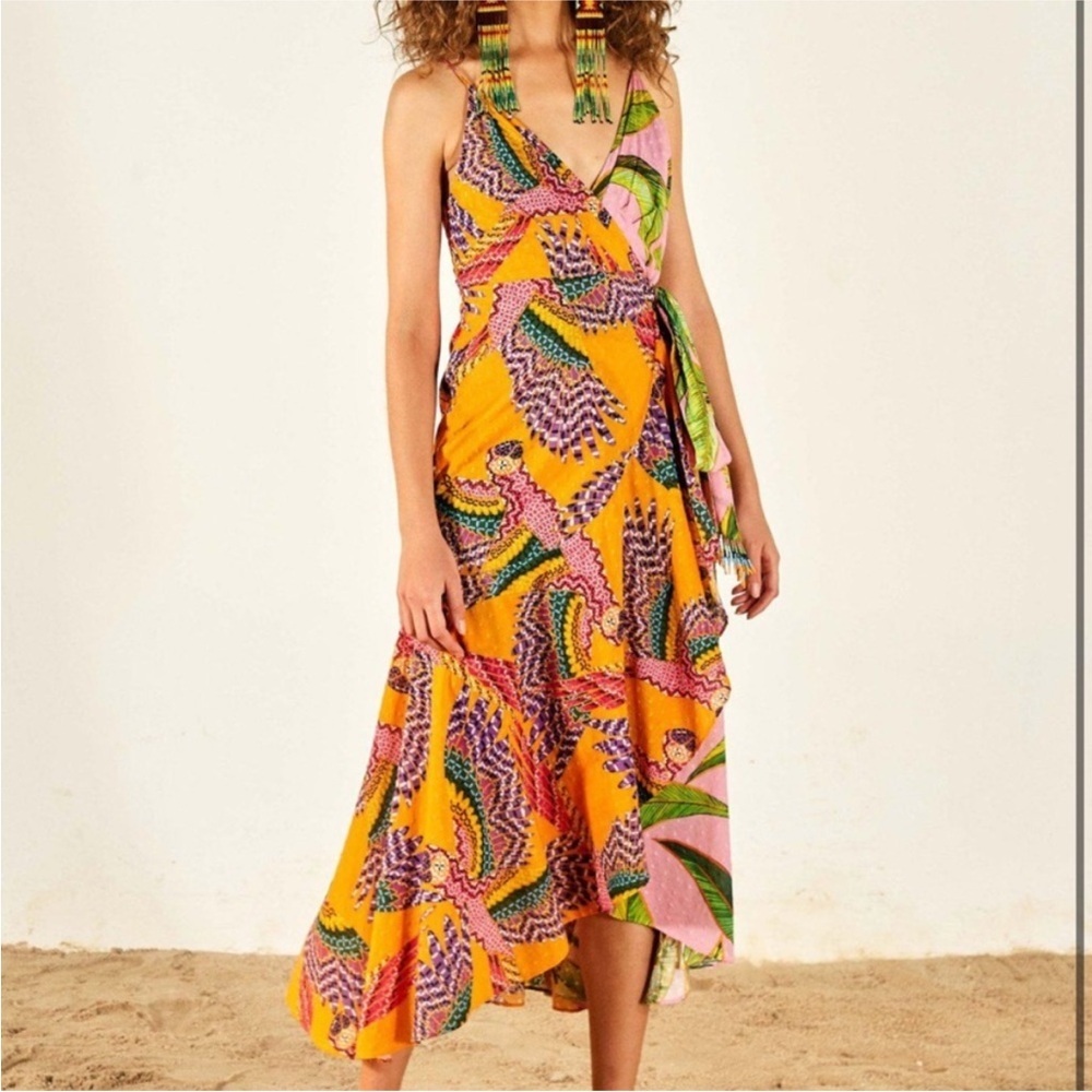Farm Rio MIXED PRINTS MIDI WRAP DRESS  Sz MEDIUM BEADED MACAWS PINK FOLIAGE - Picture 8 of 15